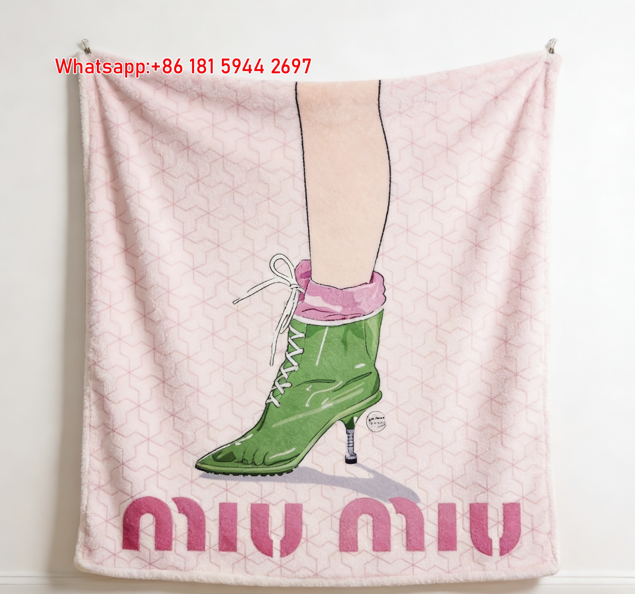Miu Miu Bright Green & Hot Pink Heeled Boot Print Flannel Throw Blanket IMG_0591